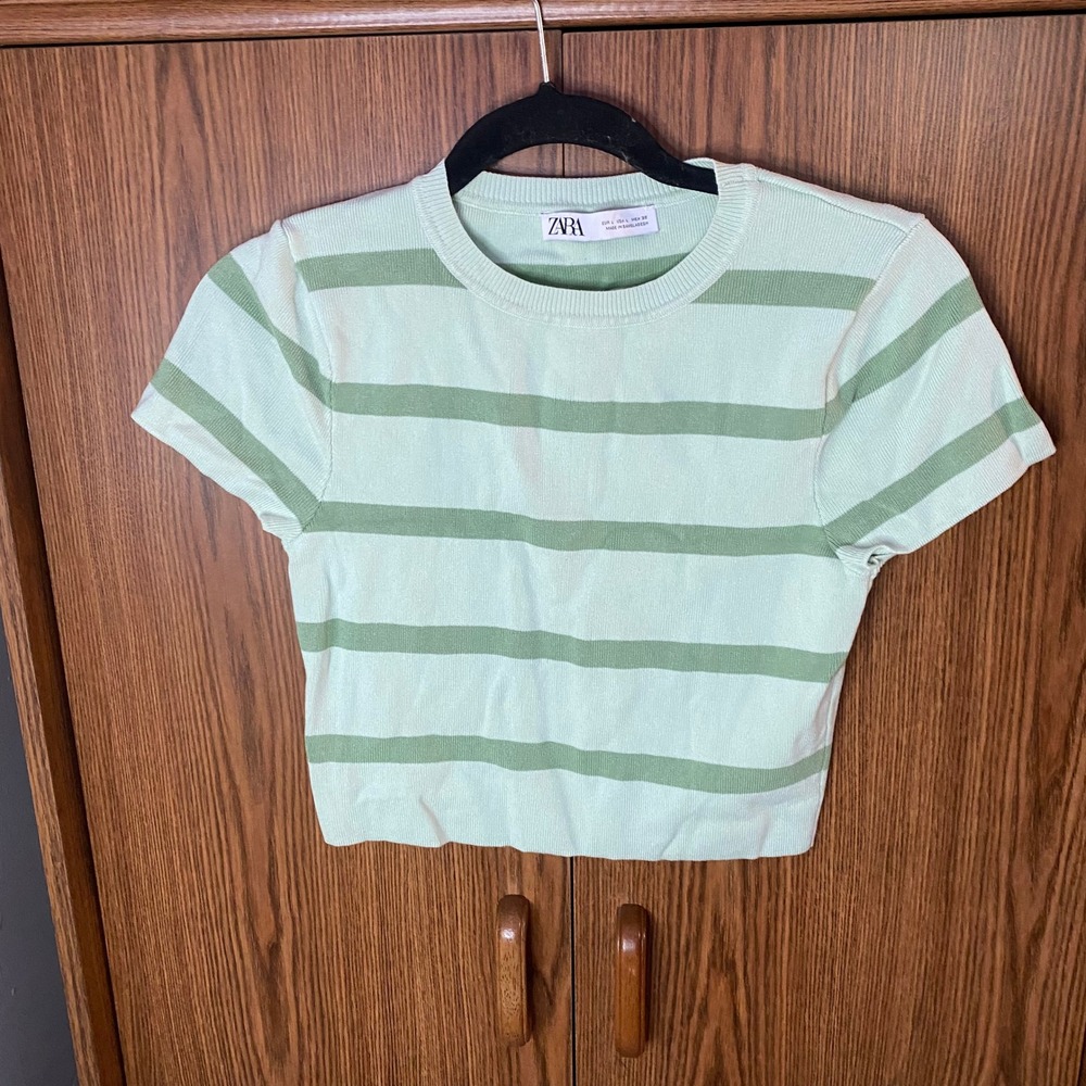 Zara Knit Top Womens Large Mint Green Striped Short Sleeve Ribbed Crop Tee